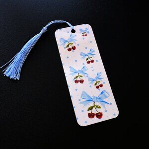 Handmade Bookmark with Cherries and Blue Bows with a Blue Tassel, trending, book
